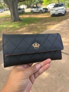 Black Quilted Women's Wallet Clutch with Gold Crown Accent